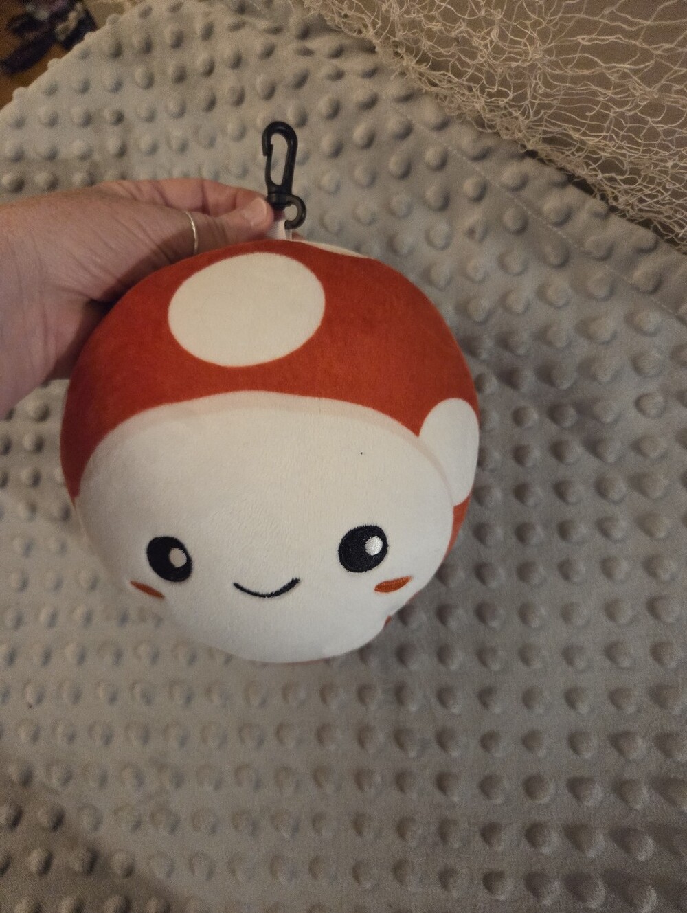 Kids Mushroom travel mask pillow red and white with clip